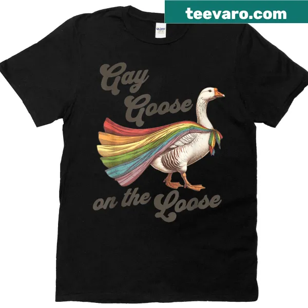 T-shirt featuring 'Vintage Rainbow Goose' with LGBTQ+ pride symbols.