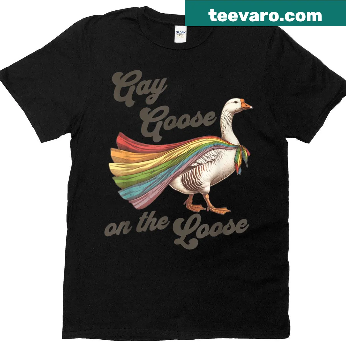 T-shirt featuring 'Vintage Rainbow Goose' with LGBTQ+ pride symbols. — on a men's t-shirt