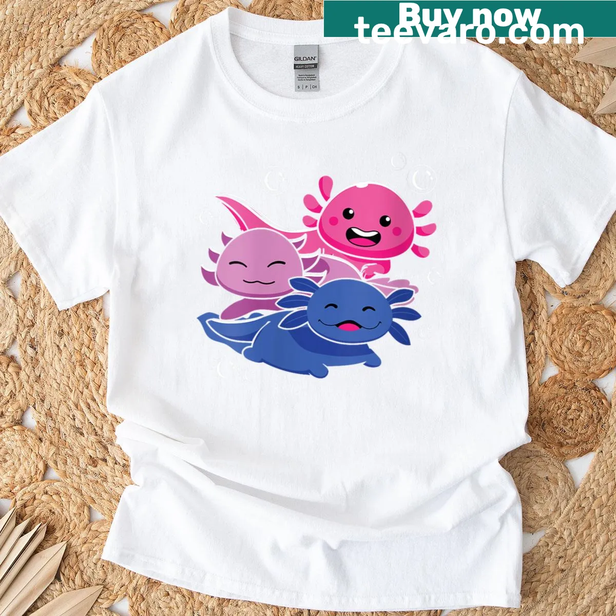 Cute T-shirt featuring axolotls and bisexual pride flag design — on a men's t-shirt