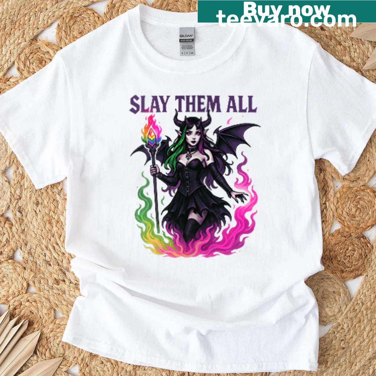 Gothic-themed t-shirt with 'Slay Them All' text for bold expression — on a men's t-shirt