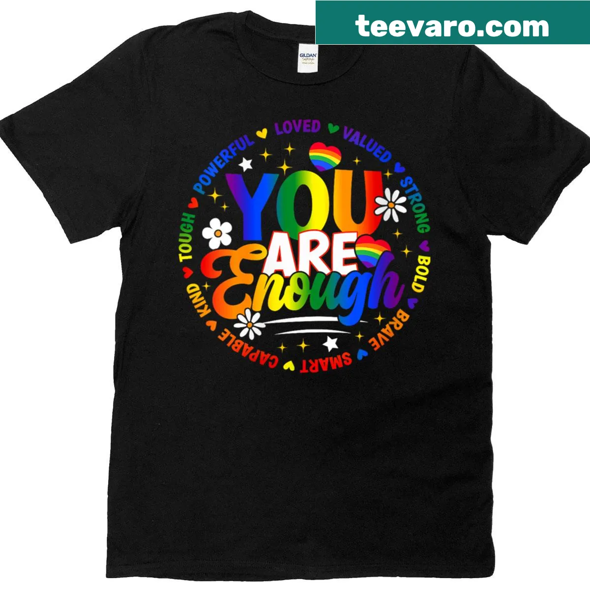 You Are Enough phrase with rainbow pride flag graphic on T-shirt — on a men's t-shirt
