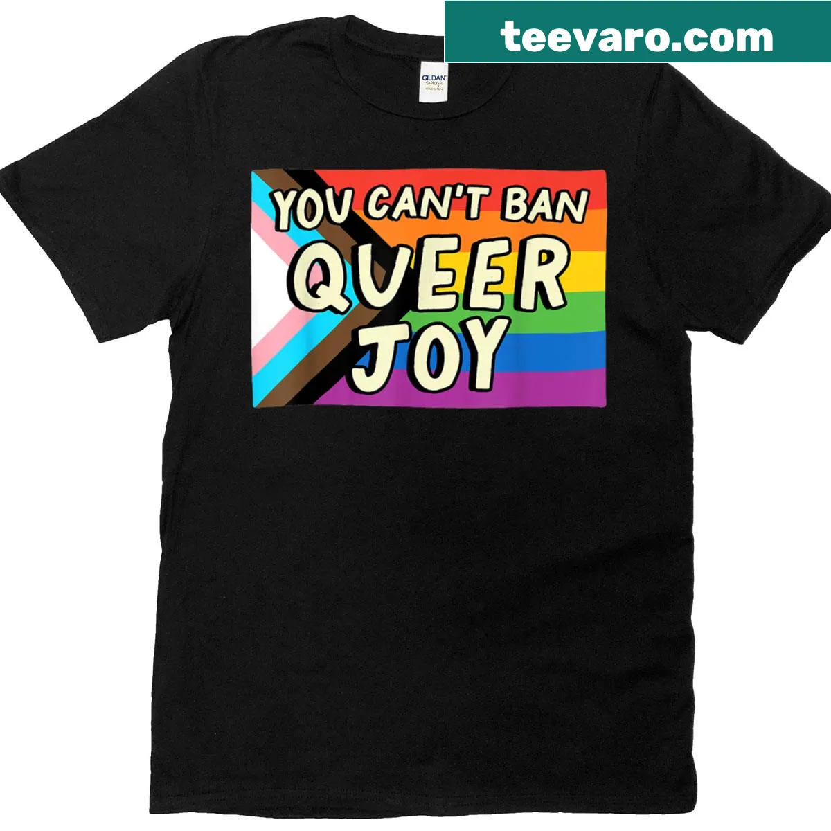 T-shirt with 'You Can't Ban Queer Joy' message — on a men's t-shirt