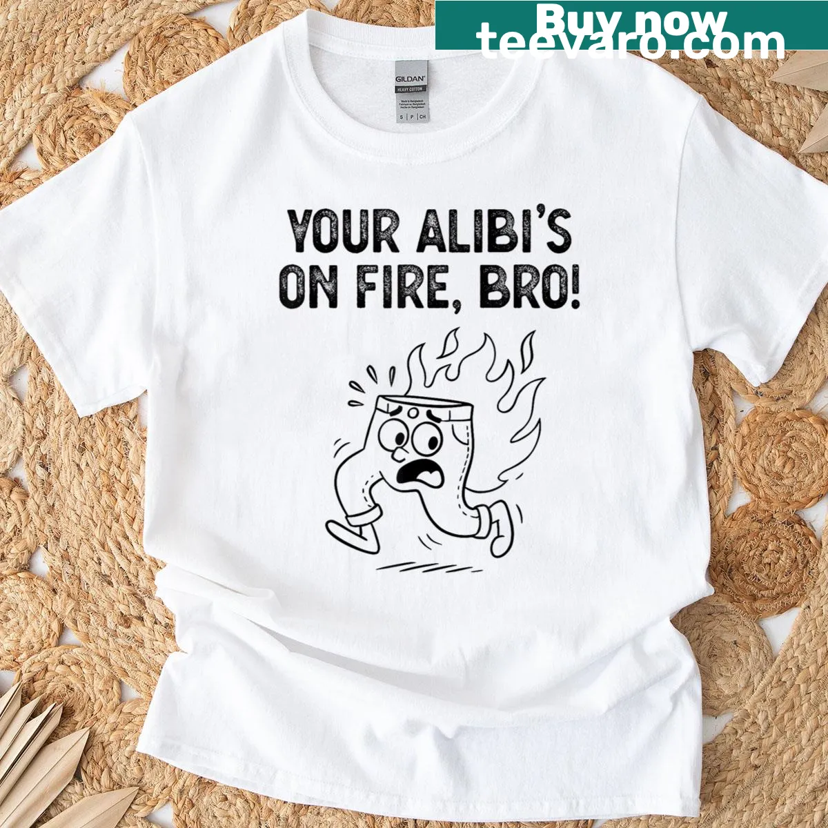 Funny T-shirt with the phrase 'Your Alibis On Fire' in bold typography — on a men's t-shirt