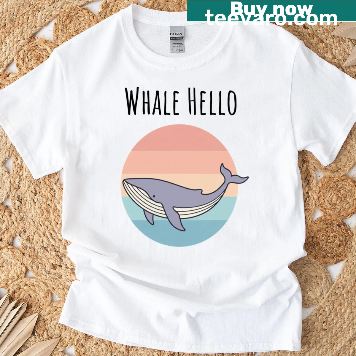 Playful whale graphic with 'Whale, Hello!' text on a T-shirt — on a men's t-shirt