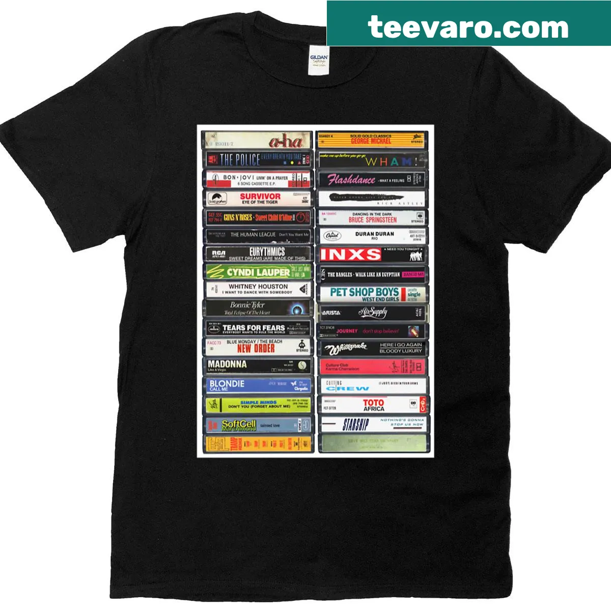 Vintage cassette tape graphic representing 1980s hits — on a men's t-shirt