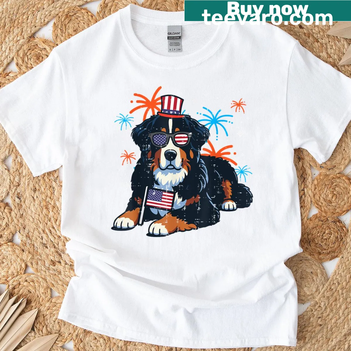 Illustration of a Bernese Mountain Dog with patriotic elements — on a men's t-shirt