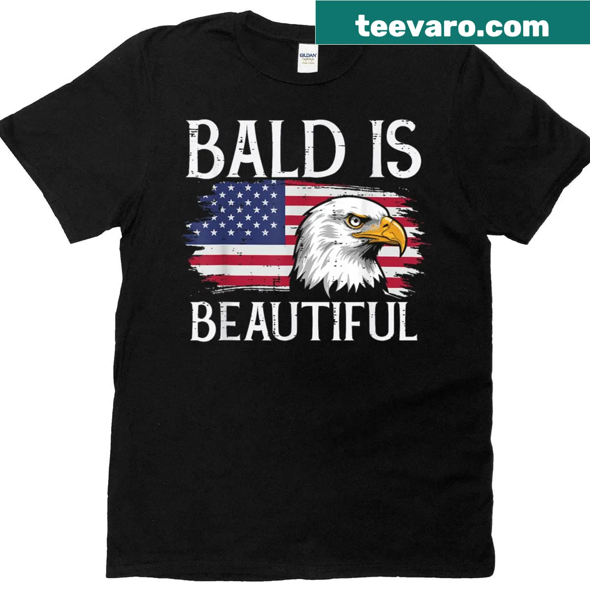 Bald eagle graphic against the U.S. flag for Fourth of July — on a men's t-shirt