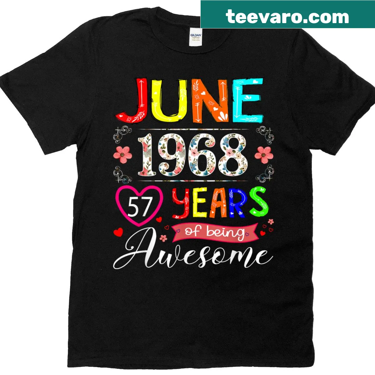 Floral T-shirt with '57 Year Old' text for birthday celebrations — on a men's t-shirt