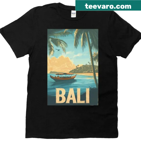 Vintage travel art t-shirt depicting Bali's scenery