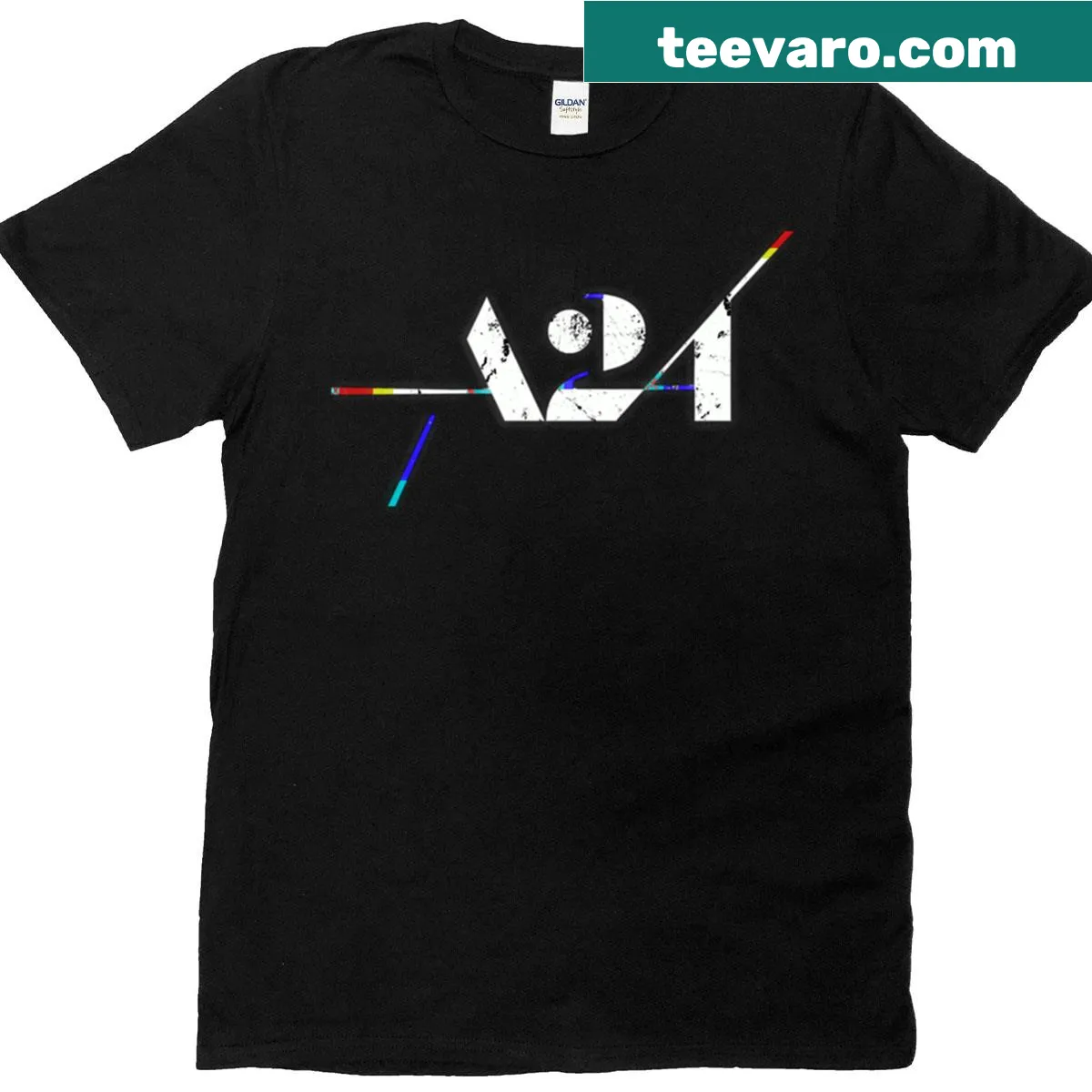 Bold A24 logo on a minimalist t-shirt — on a men's t-shirt