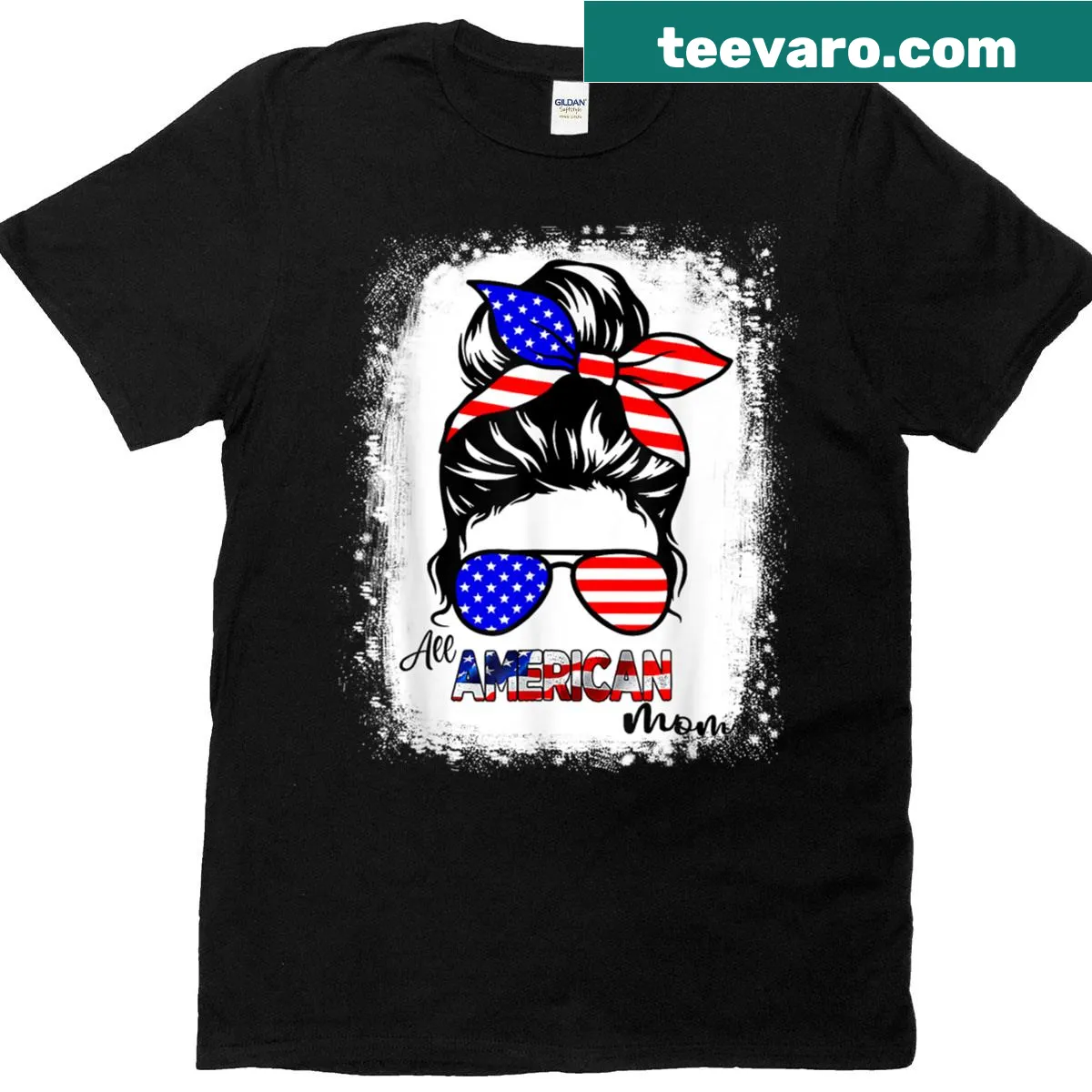Patriotic t-shirt for American moms featuring messy bun graphic — on a men's t-shirt