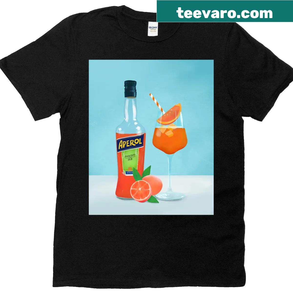 Graphic T-shirt featuring an illustration of an Aperol Spritz. — on a men's t-shirt