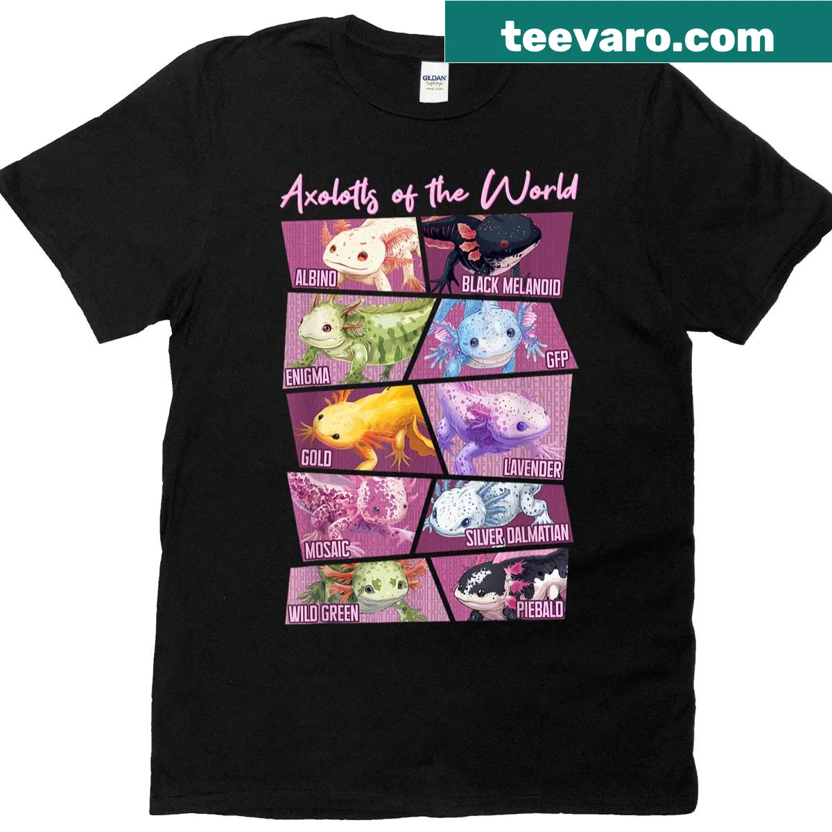 T-shirt featuring a cute axolotl graphic. — on a men's t-shirt