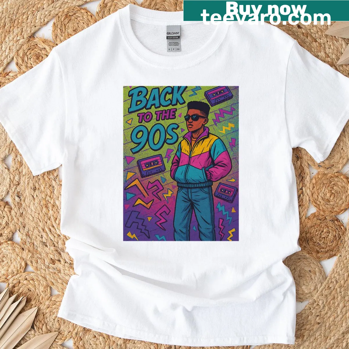 Retro 90s-themed streetwear T-shirt with bold graphics — on a men's t-shirt
