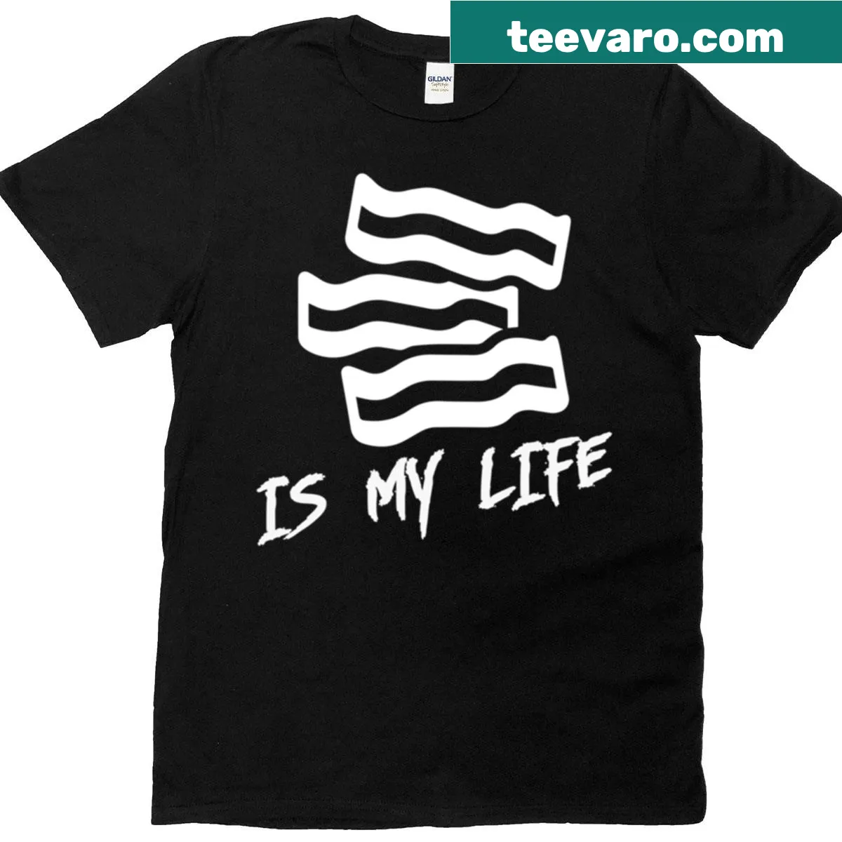 Humorous T-shirt with the phrase 'Bacon Is My Life' in playful typography — on a men's t-shirt