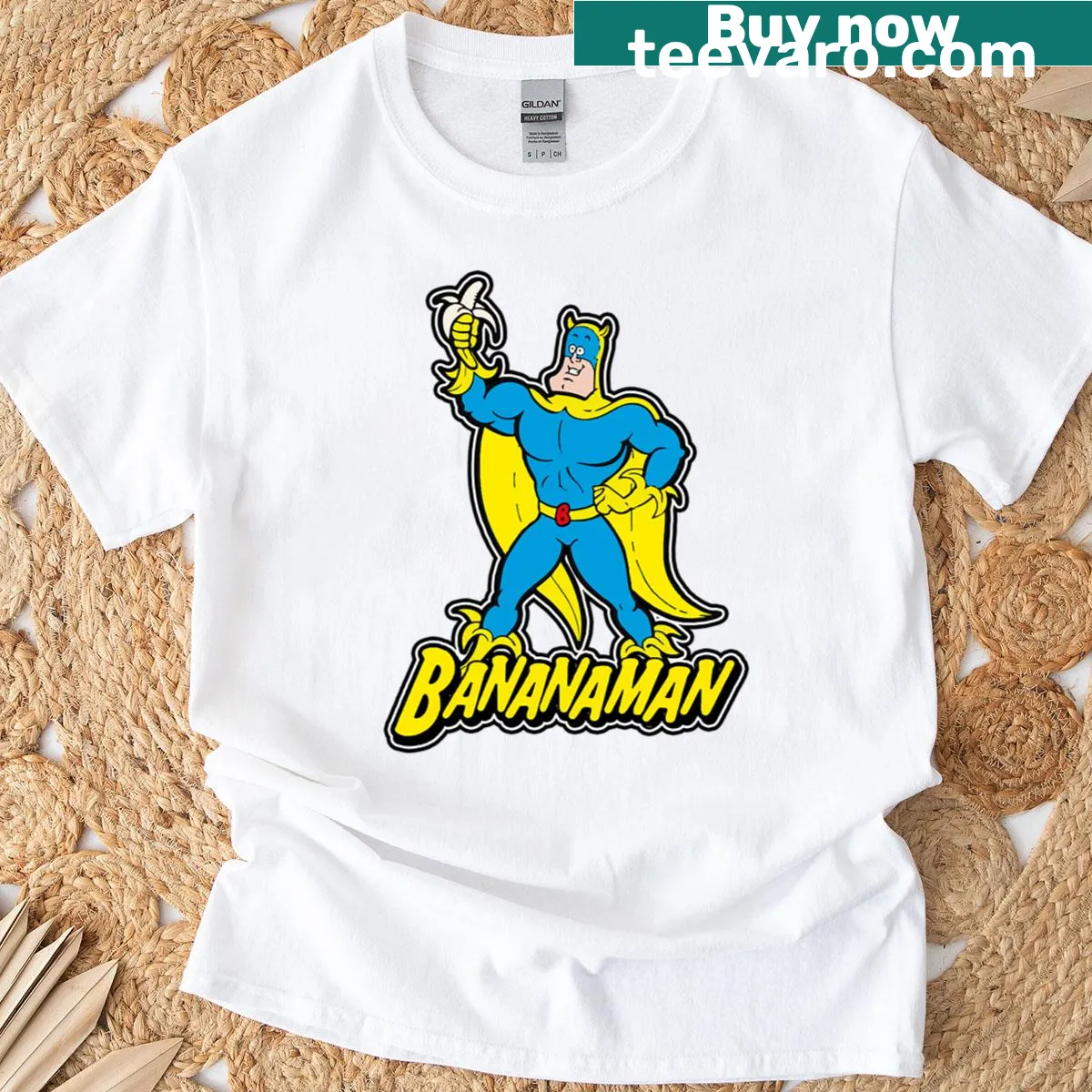 T-shirt featuring Bananaman cartoon character — on a men's t-shirt