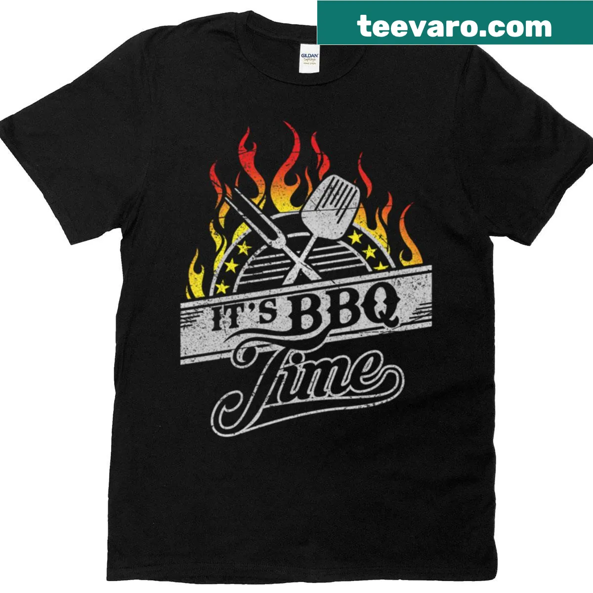 Cartoon-style Barbecue Party graphic with grill tools and flames — on a men's t-shirt