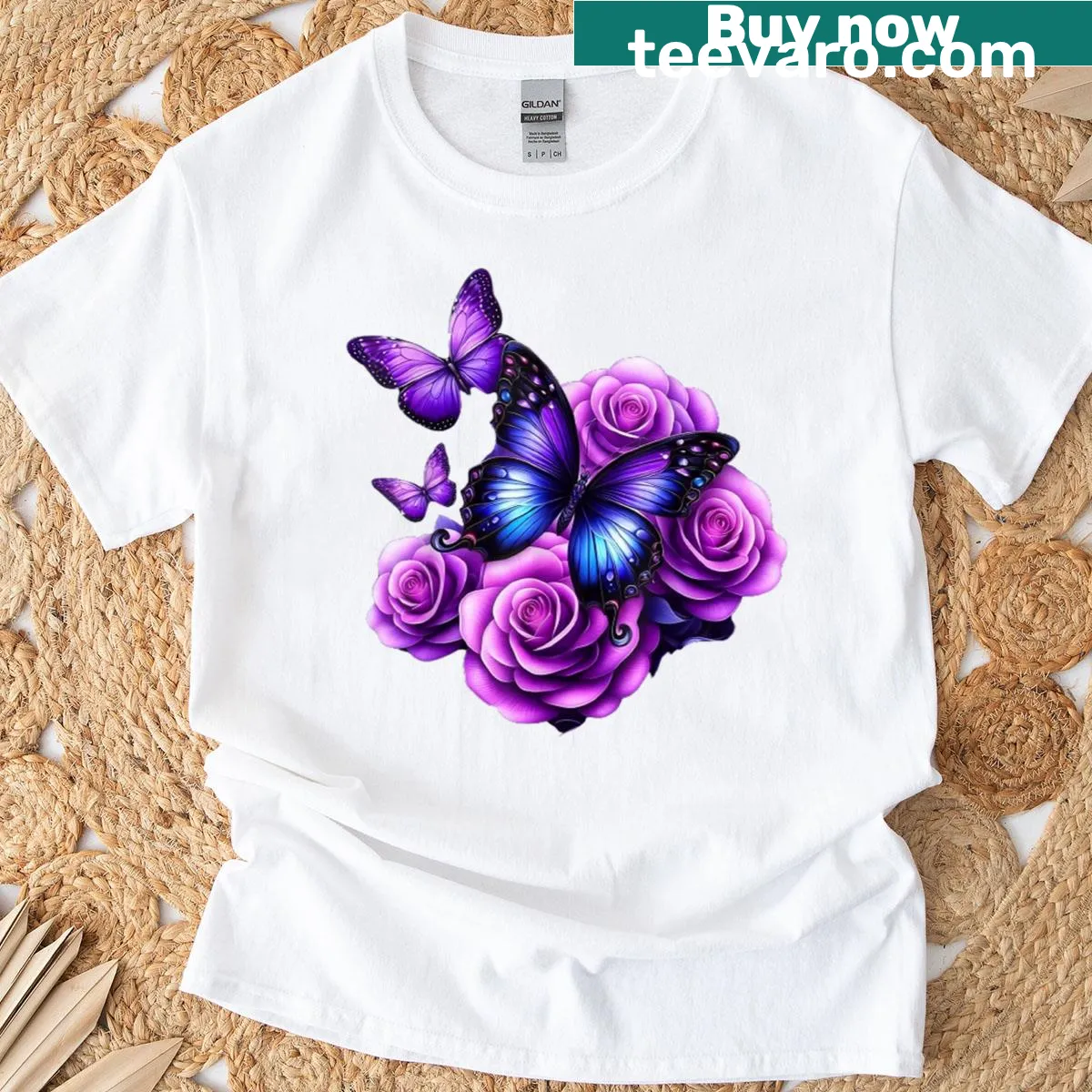 T-shirt featuring a beautiful butterfly on a purple rose illustration. — on a men's t-shirt