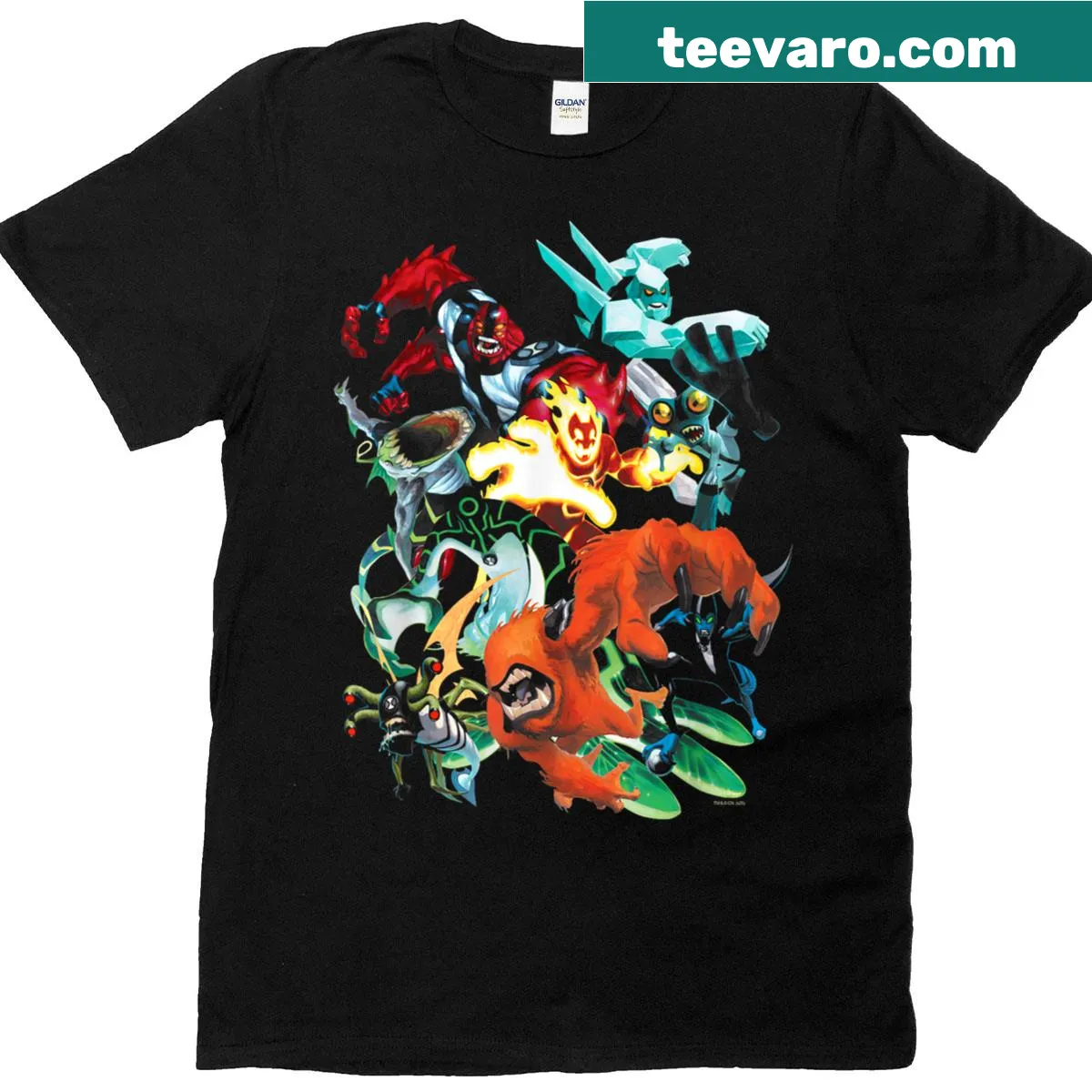 Collage of Ben 10 alien poses in a fun cartoon style — on a men's t-shirt