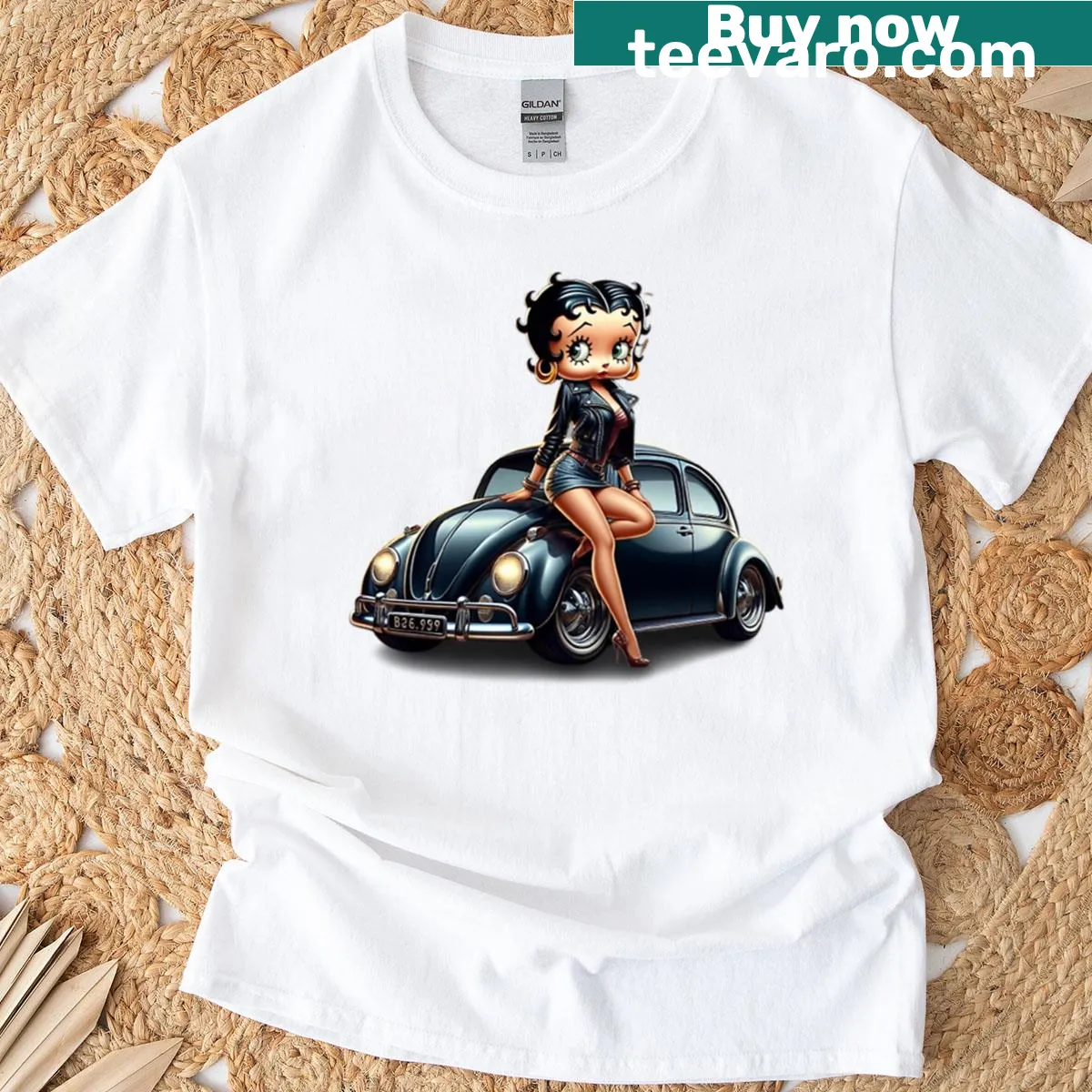 T-shirt featuring a playful illustration of Betty Boop, the vintage cartoon character. — on a men's t-shirt
