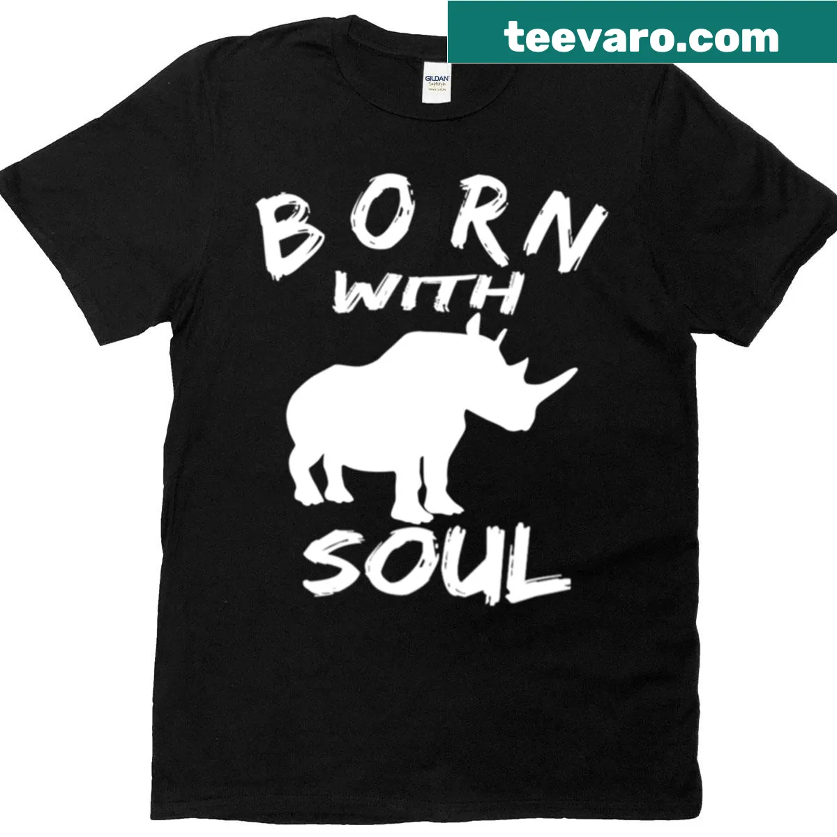 Inspirational typography design stating 'Born With Rhino Soul' on a T-shirt — on a men's t-shirt