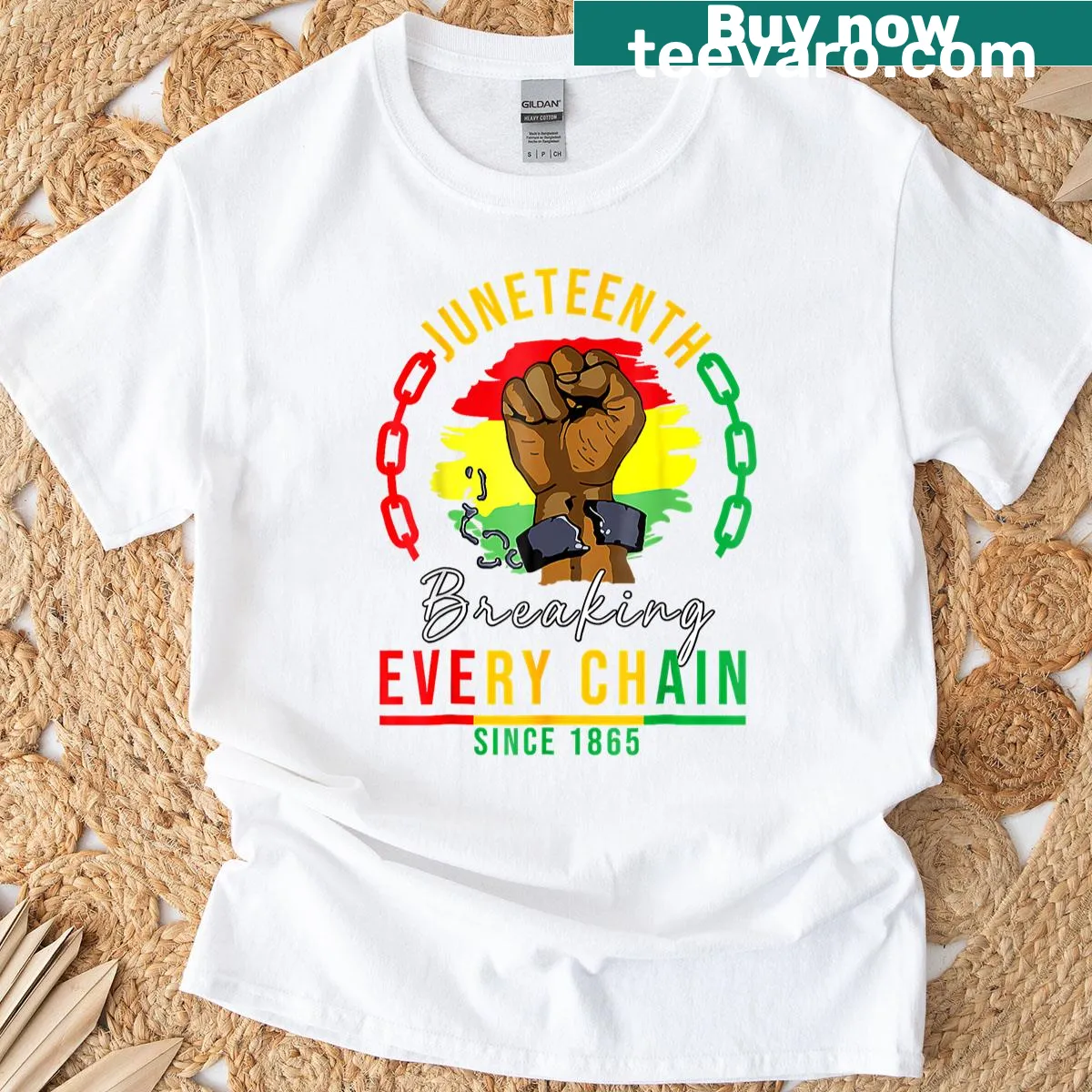 T-shirt with bold text honoring Juneteenth and freedom. — on a men's t-shirt