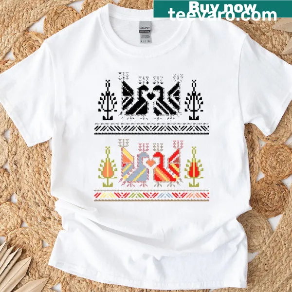 T-shirt featuring intricate Bulgarian folk art design