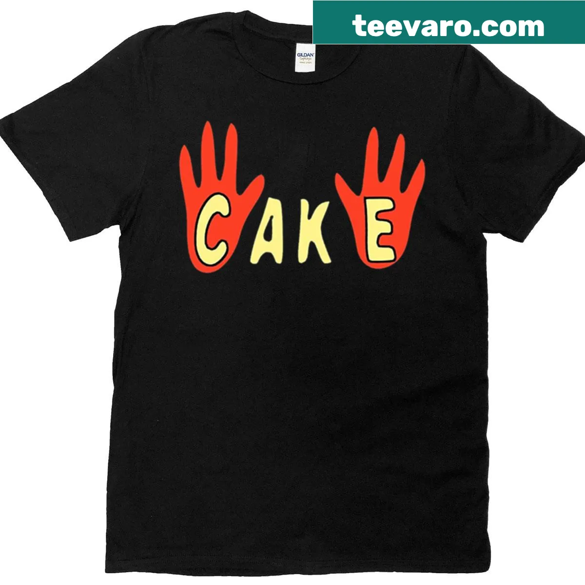 T-shirt featuring a playful cake graphic with fun typography — on a men's t-shirt