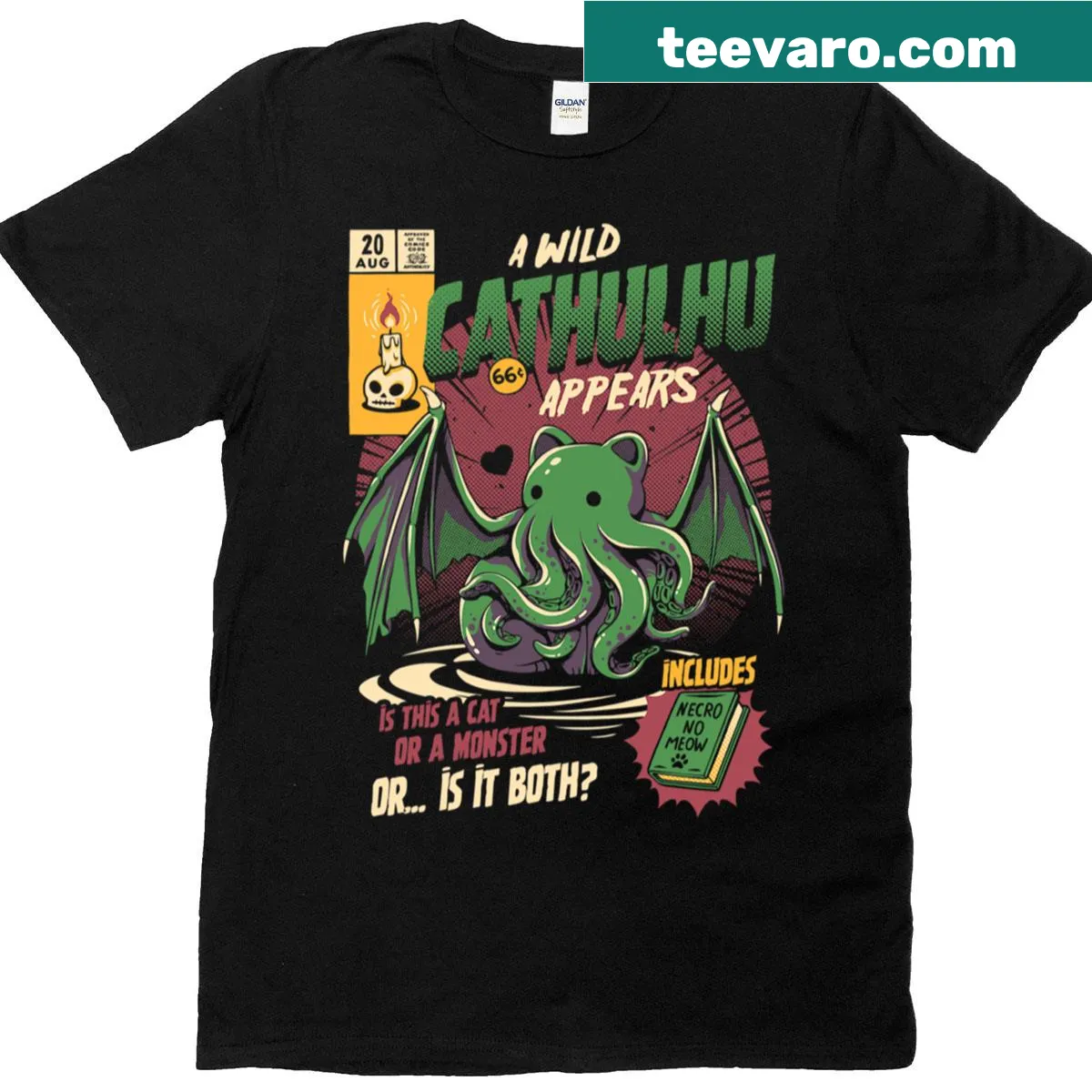 Playful Cathulhu illustration on a t-shirt — on a men's t-shirt