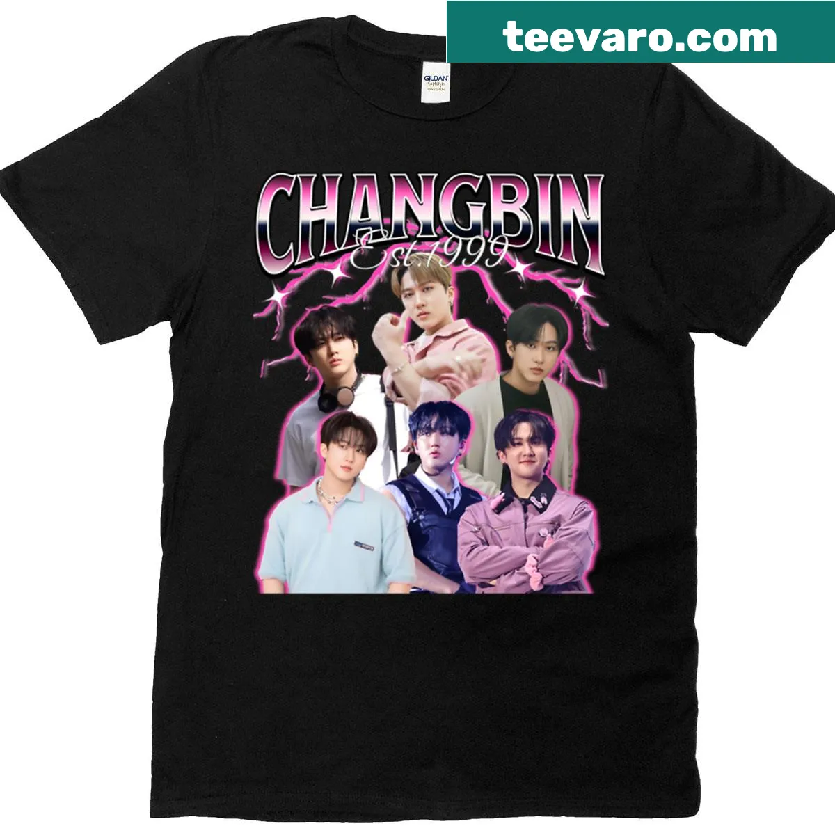 Cartoon-style T-shirt inspired by 90s trends and Changbin — on a men's t-shirt