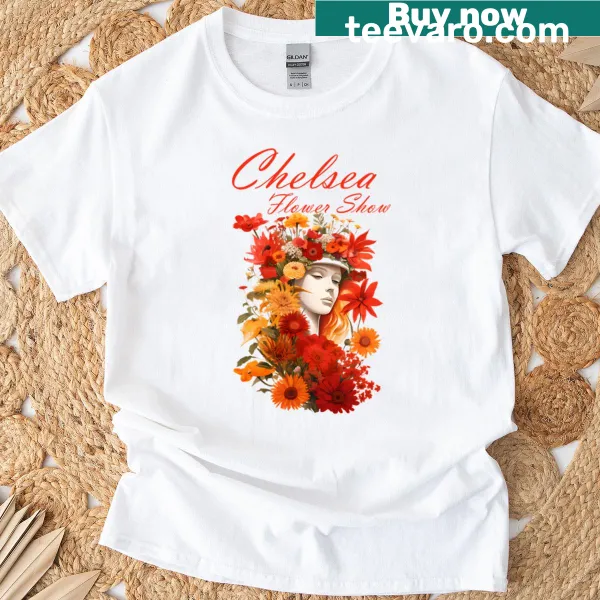 Illustrative Chelsea Flower Show graphic on a T-shirt celebrating blooms