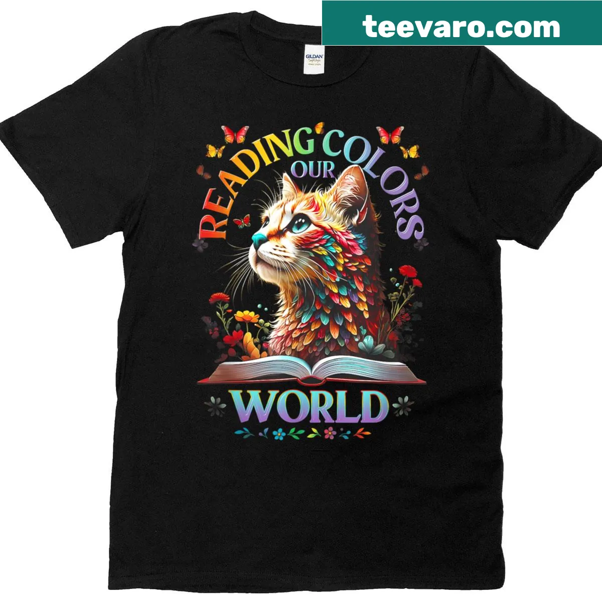 T-shirt with whimsical illustration of playful cartoon cats — on a men's t-shirt