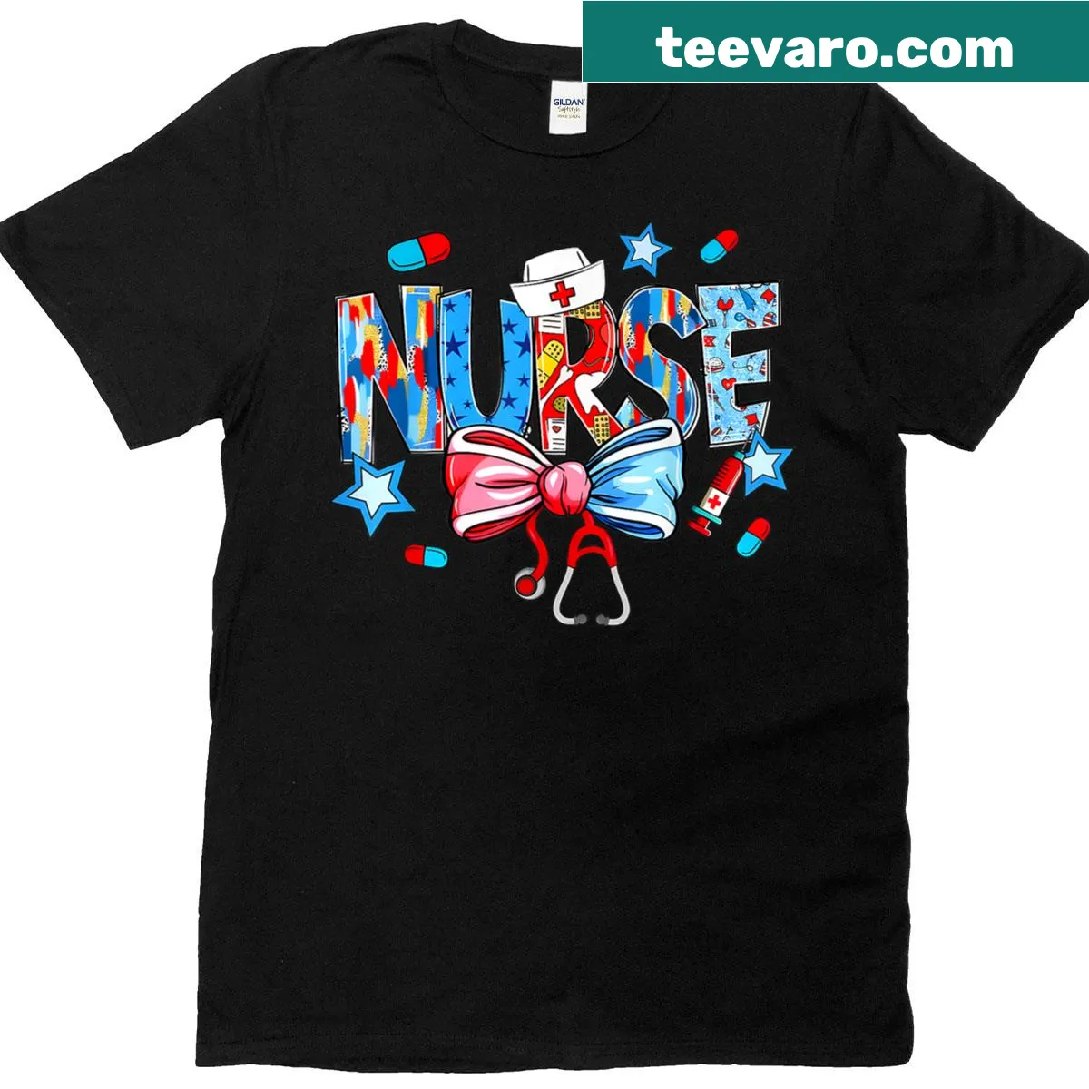 Patriotic nursing T-shirt featuring a stethoscope and bow design — on a men's t-shirt