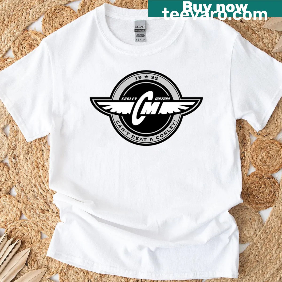 Emblematic Corley Motors graphic on a T-shirt for car enthusiasts — on a men's t-shirt