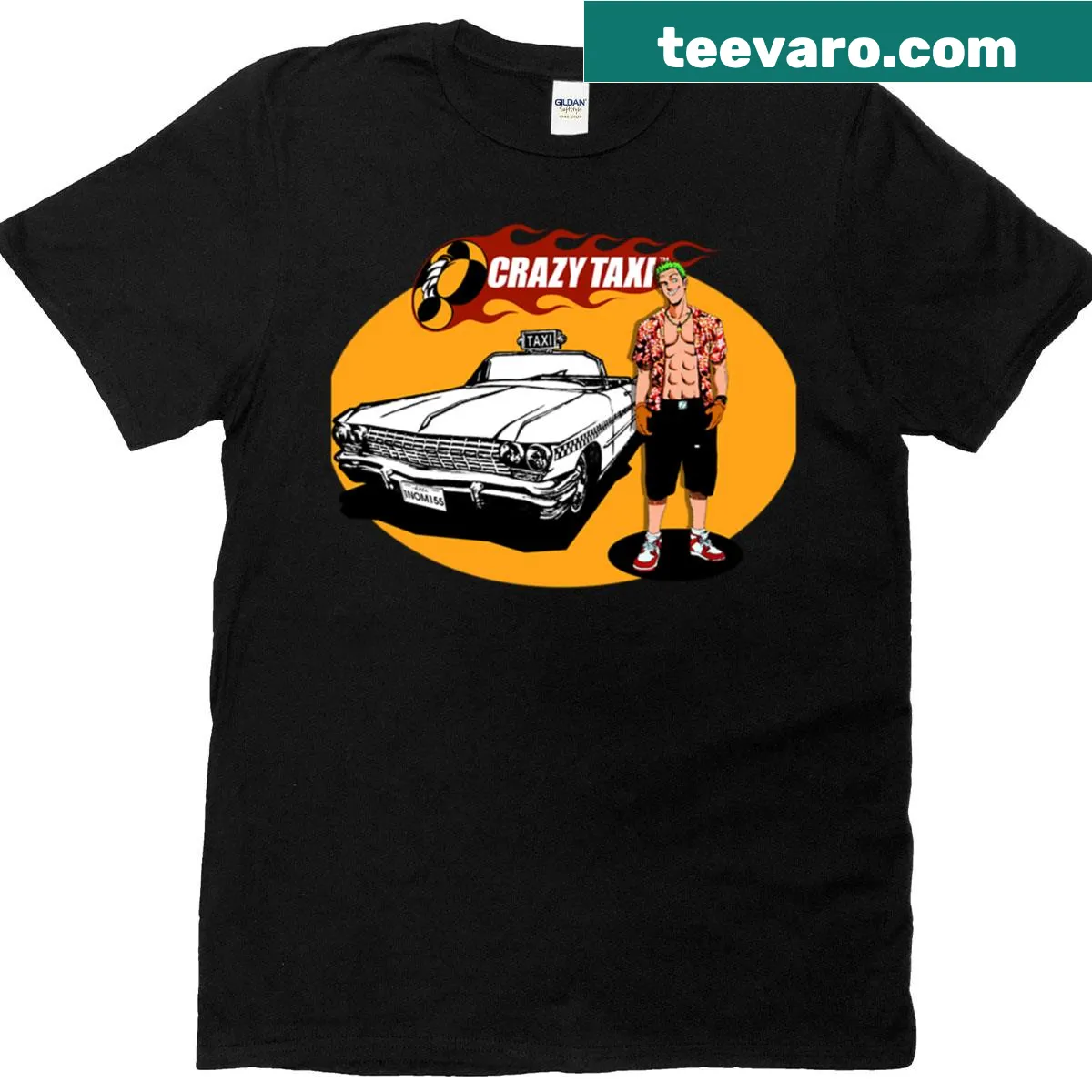 T-shirt with cartoon taxi design inspired by Crazy Taxi game — on a men's t-shirt