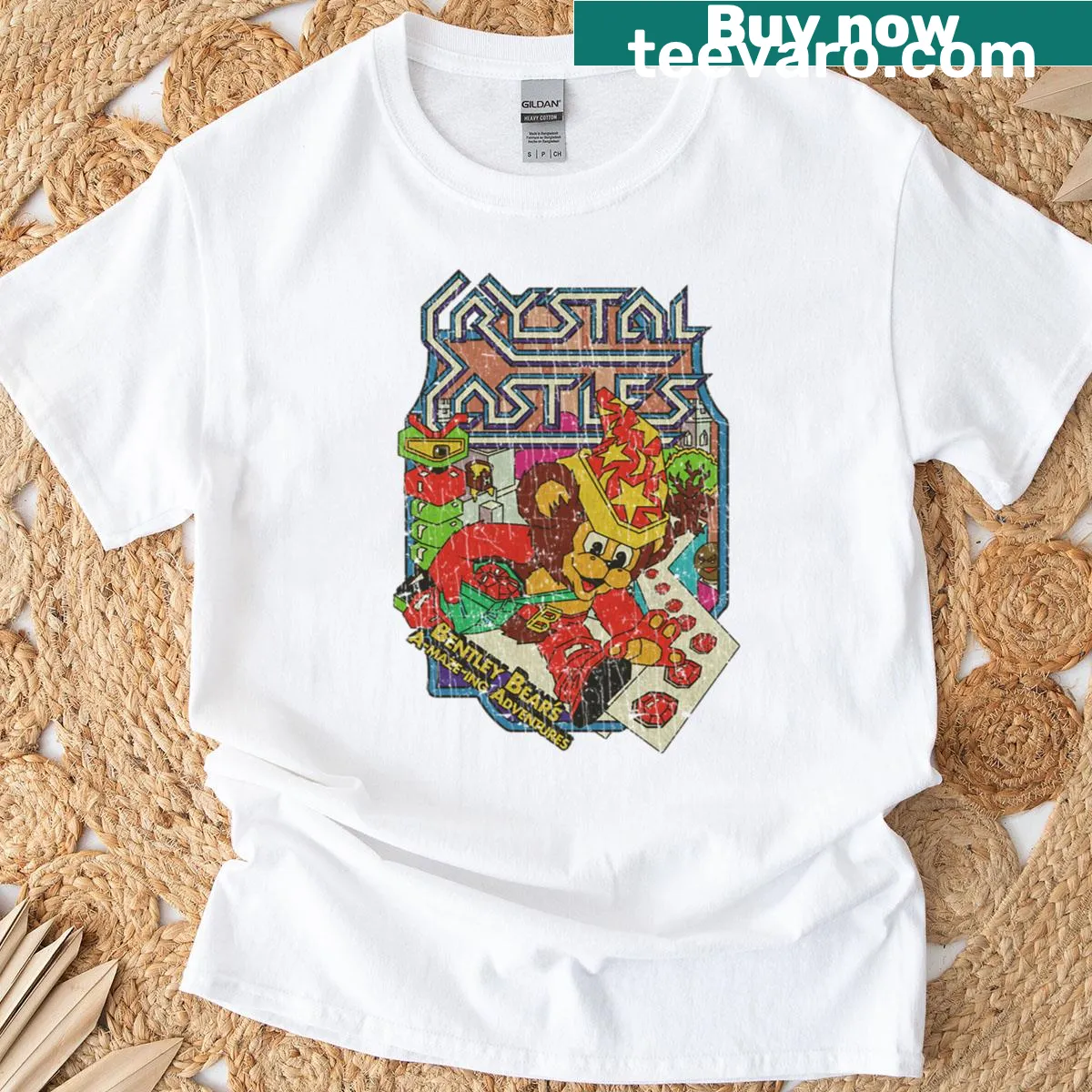 Crystal Castles 1983 T-shirt featuring graphics inspired by the band — on a men's t-shirt