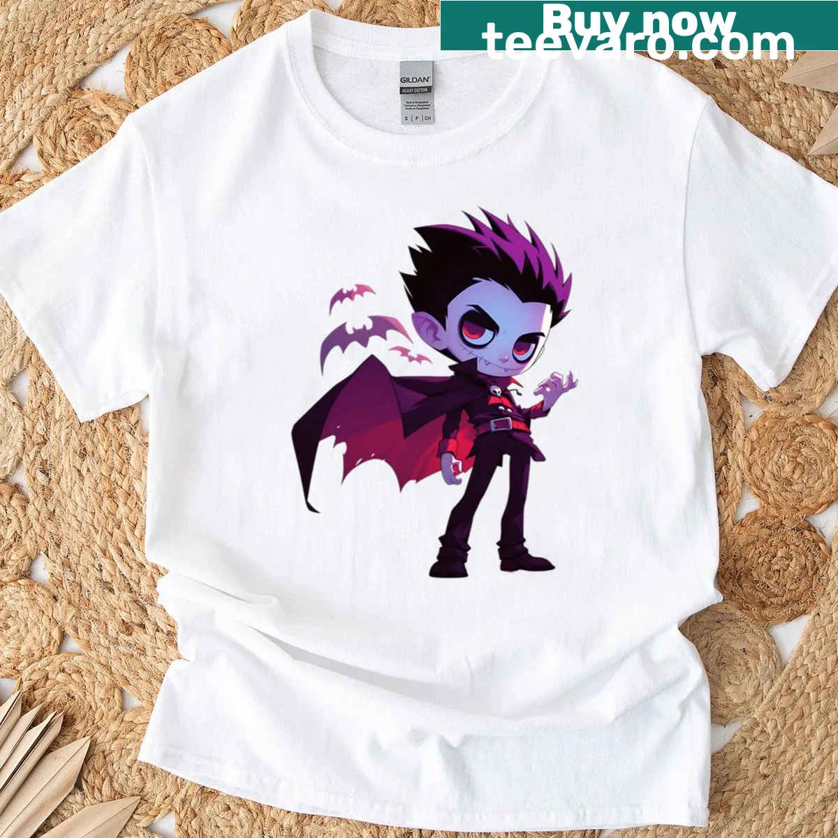 Cartoon-style T-shirt featuring a cute night vampire design. — on a men's t-shirt