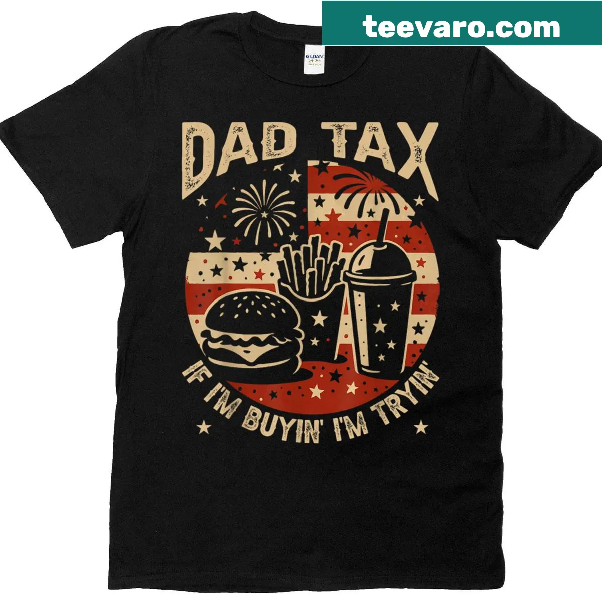 Humorous 'Dad Tax' graphic on a Fourth of July T-shirt — on a men's t-shirt