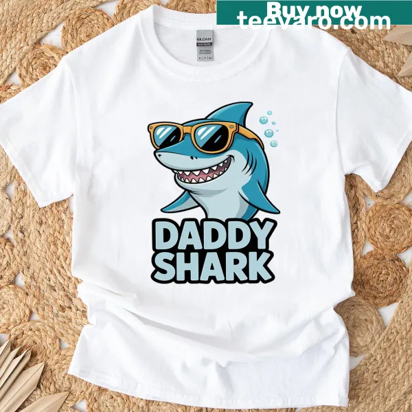 Cute Daddy Shark design T-shirt for kids celebrating Father's Day.