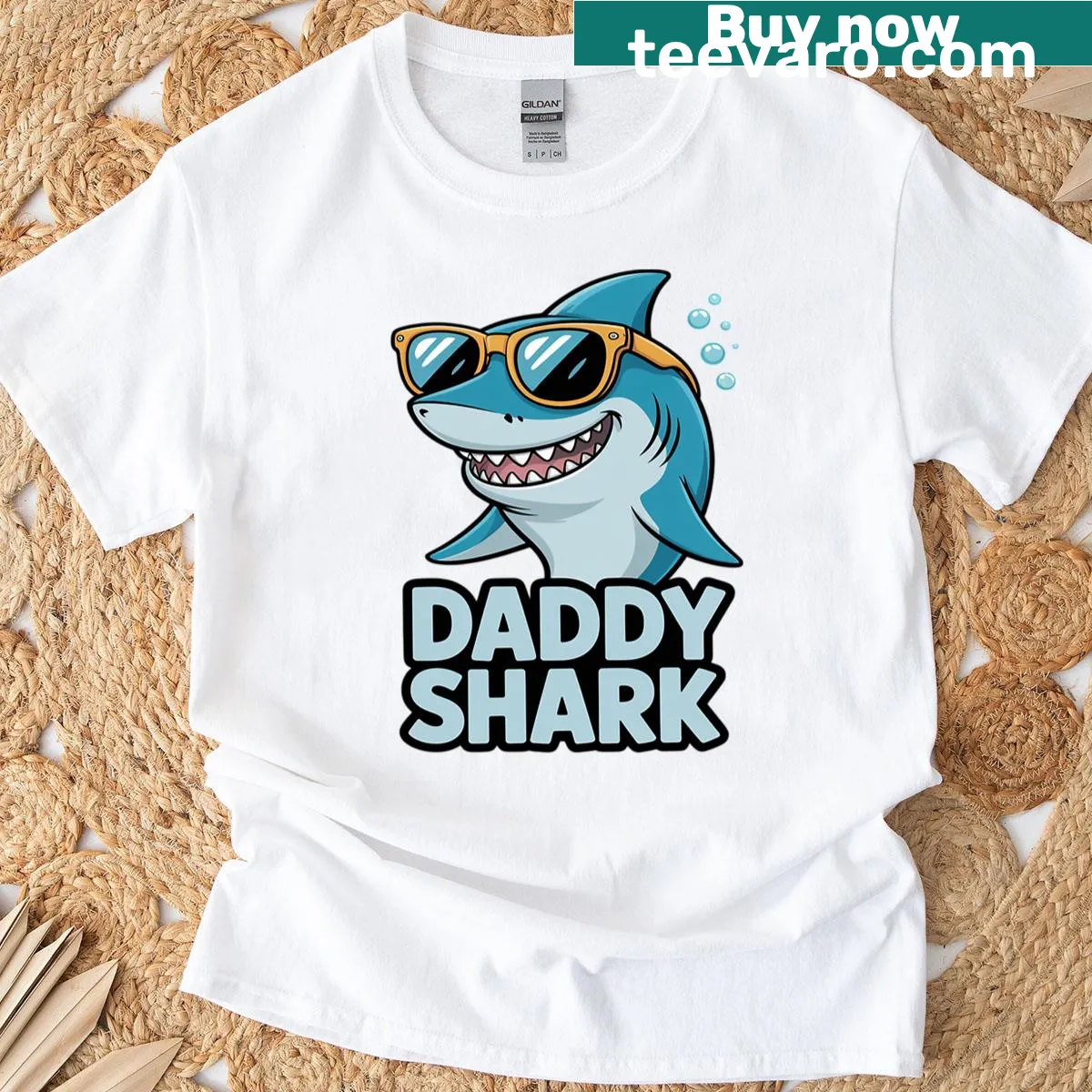 Cute Daddy Shark design T-shirt for kids celebrating Father's Day. — on a men's t-shirt