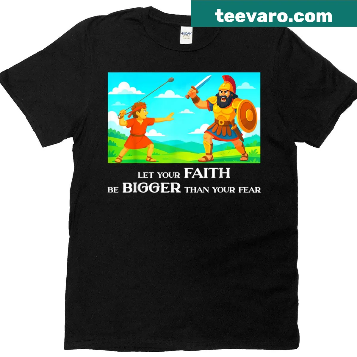 David and Goliath inspirational T-shirt with a graphic design — on a men's t-shirt