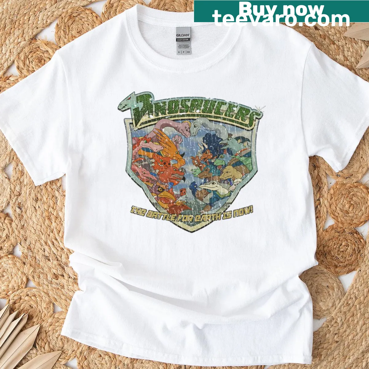 T-shirt featuring nostalgic design from Dinosaucers Battle For Earth. — on a men's t-shirt