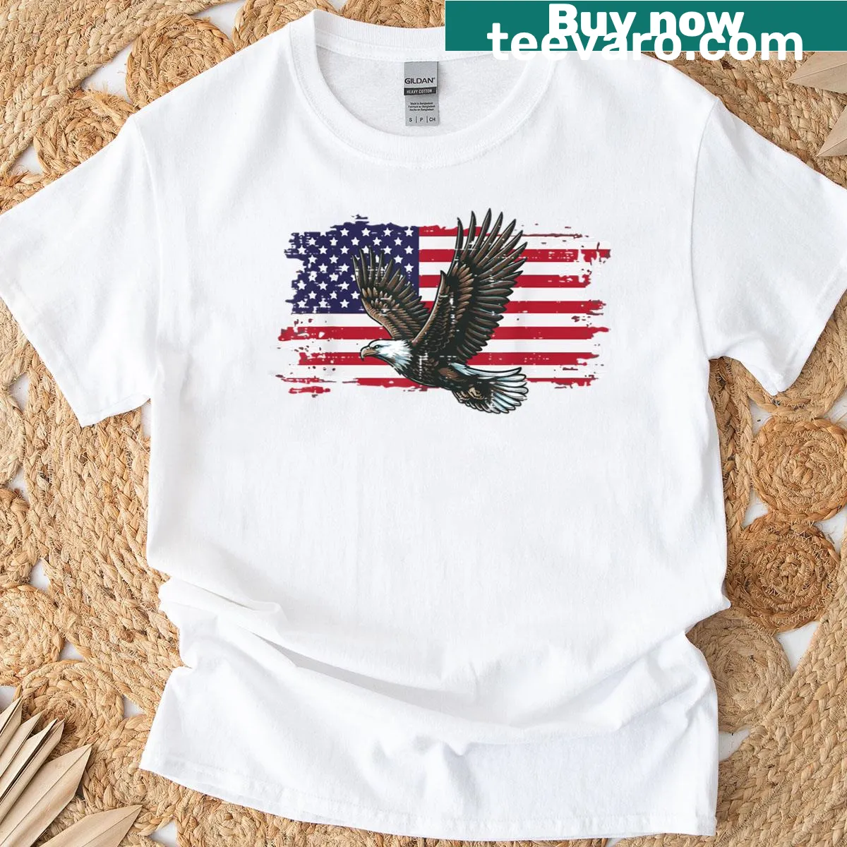 Distressed eagle graphic on American flag t-shirt for all ages. — on a men's t-shirt