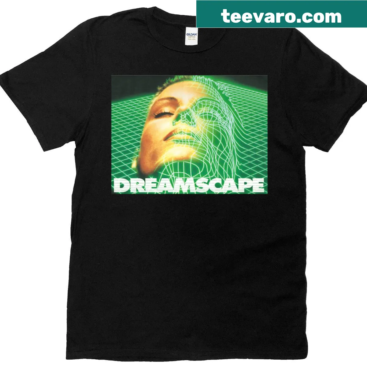 90s rave poster design t-shirt with colorful abstract graphics — on a men's t-shirt