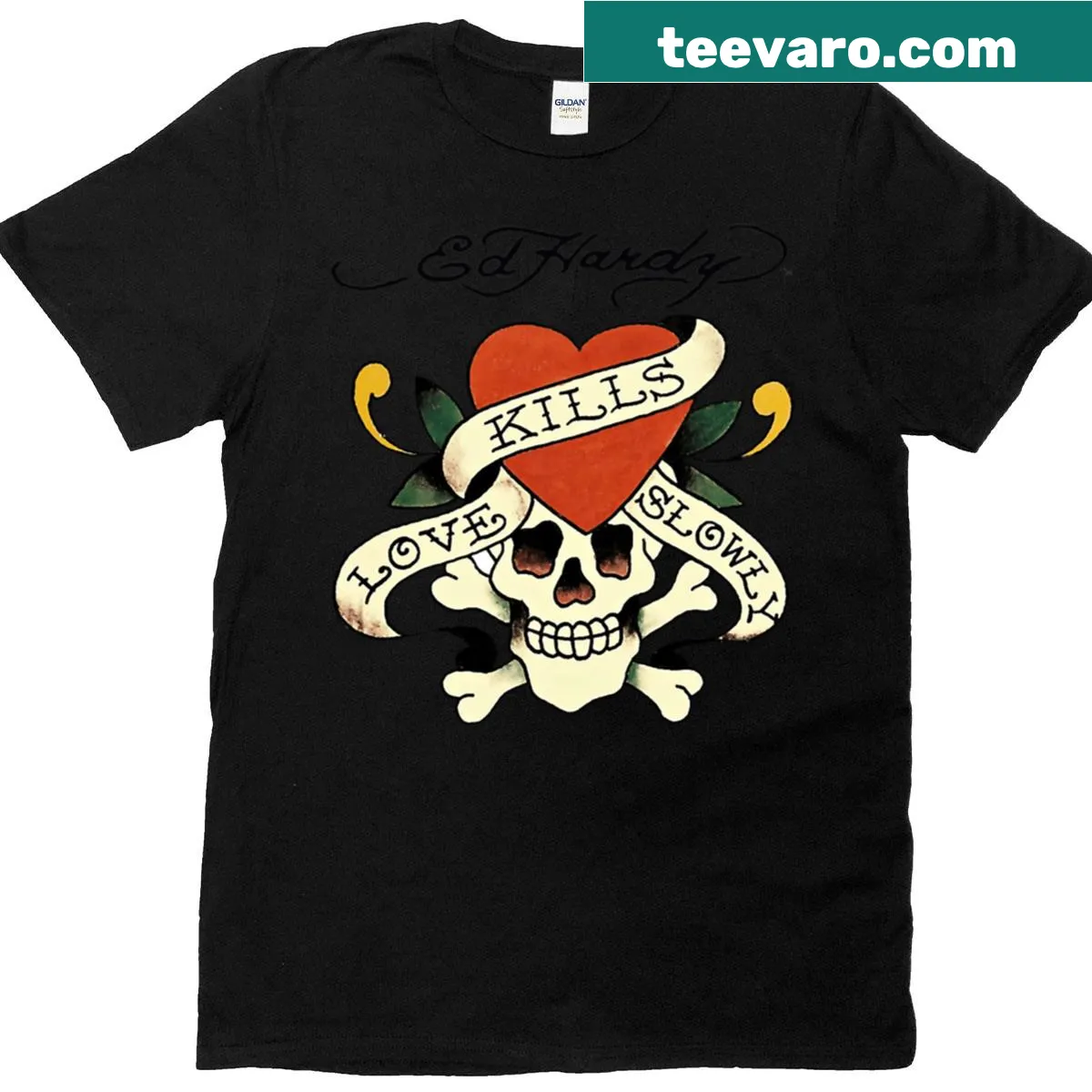 Bold Ed Hardy Love Kills Slowly t-shirt with heart and dagger illustration — on a men's t-shirt