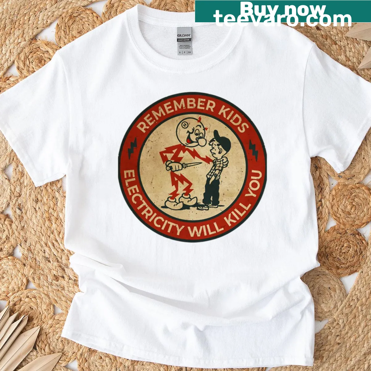 Vintage T-shirt with a humorous warning about electricity — on a men's t-shirt