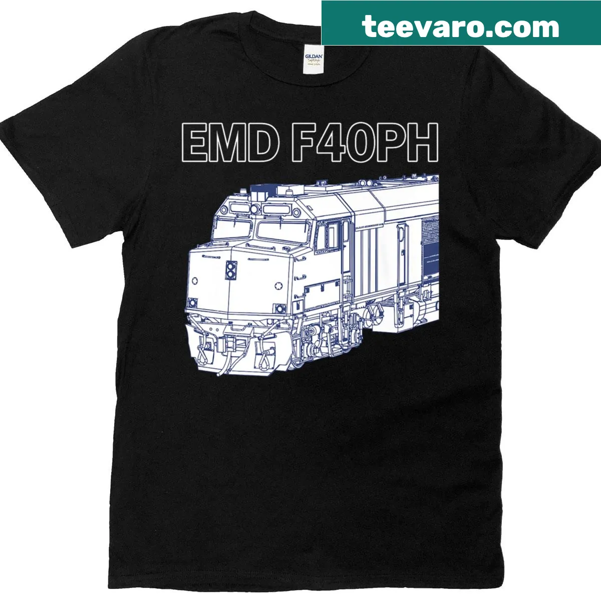 Detailed line-art Emd F40ph Diagram t-shirt featuring locomotive design — on a men's t-shirt