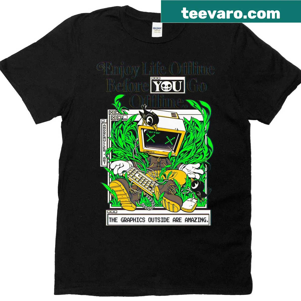 Typography t-shirt with the message Enjoy Life Offline Before You Go Offline — on a men's t-shirt