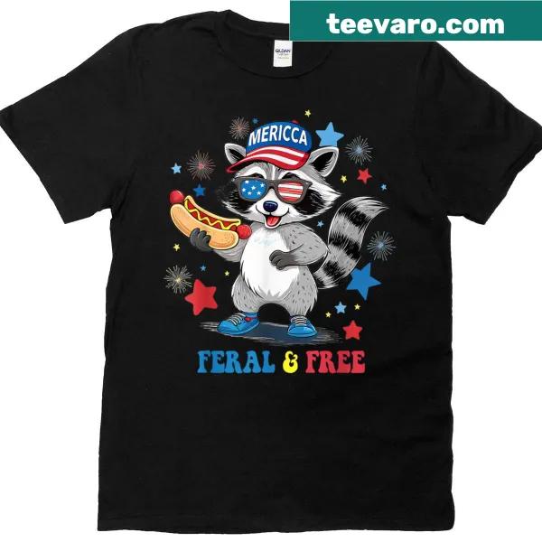 Funny patriotic t-shirt featuring a raccoon and 'Feral and Free' text