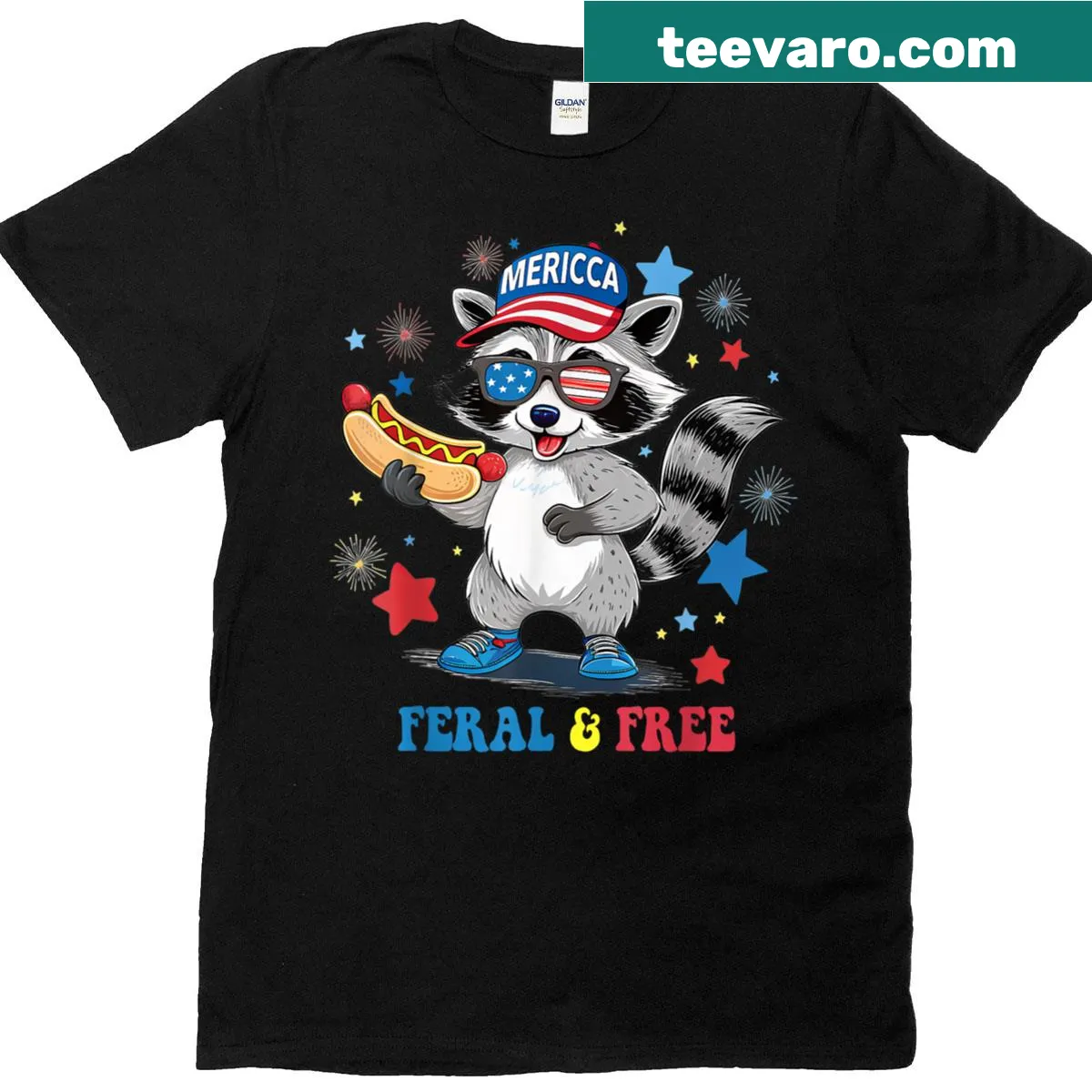 Funny patriotic t-shirt featuring a raccoon and 'Feral and Free' text — on a men's t-shirt